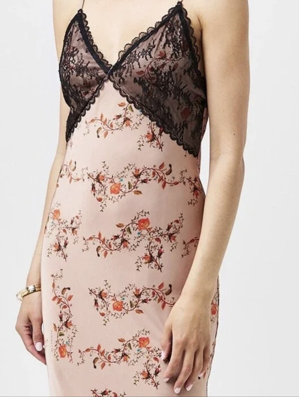 All Saints Black Lace-Trim V-Neck Slip Oto Slip Dress Brown Spaghetti Strap 10 - Picture 7 of 13